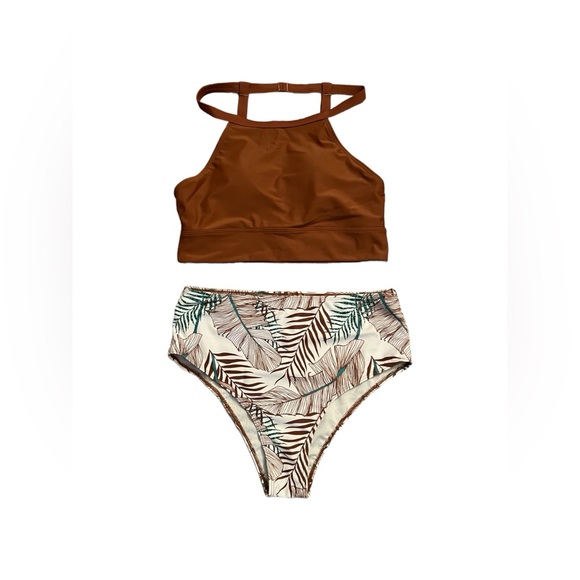 NIB High Waist Leaf Print  Bikini, Contrast Print Bathing Suit - Picture 7 of 9